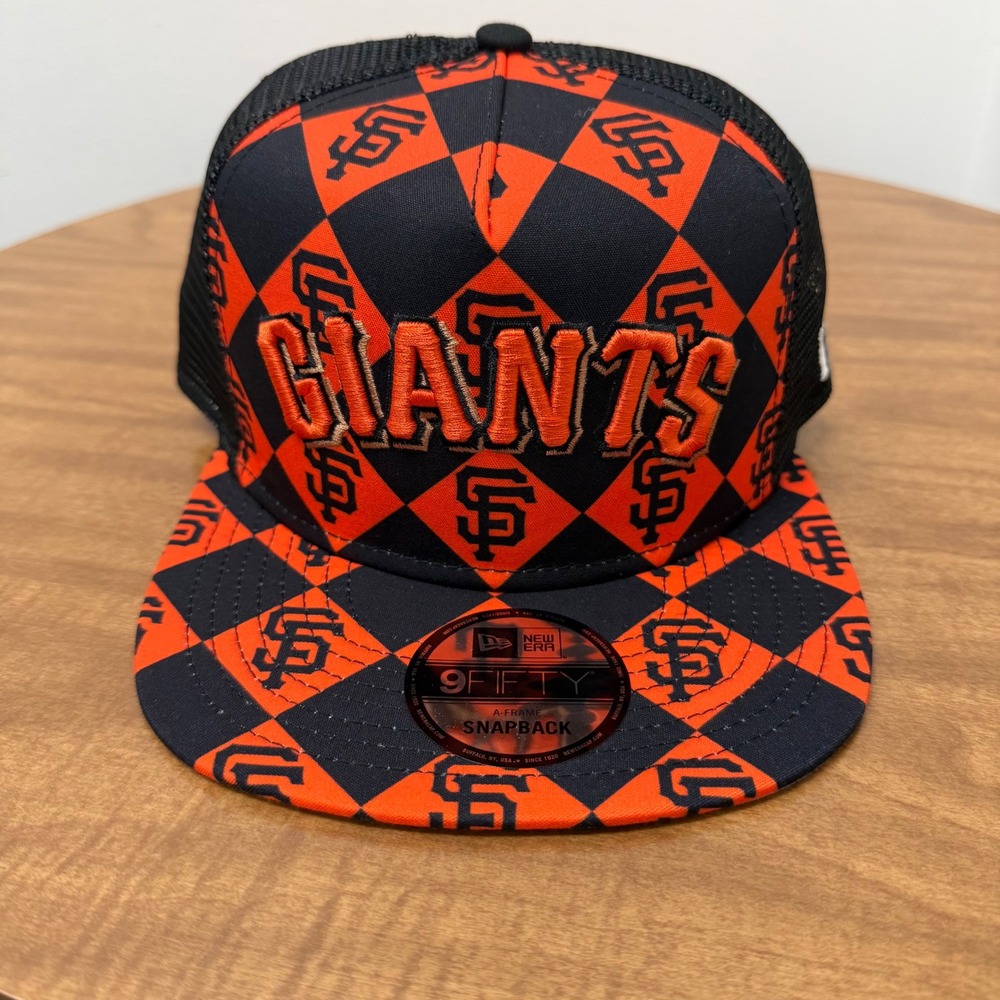 New Era 9FIFTY SF Giants Hat Mens OSFM Orange Black Checkerboard Mesh Snapback